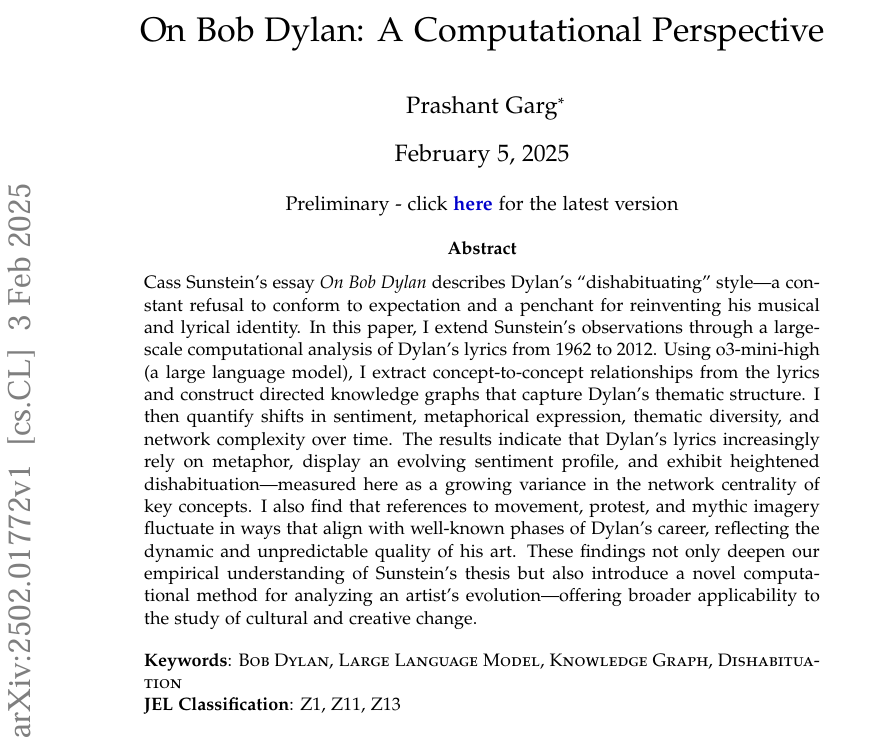 🚨New Paper 🎻
On Bob Dylan: A Computational Perspective

In this work, I use LLM (o3) to explore how <a href="/bobdylan/">Bob Dylan</a>'s  ever-evolving lyrical themes break expectations and challenge convention (i.e., dishabituation). 

This method can be used an artist’s cultural and creative