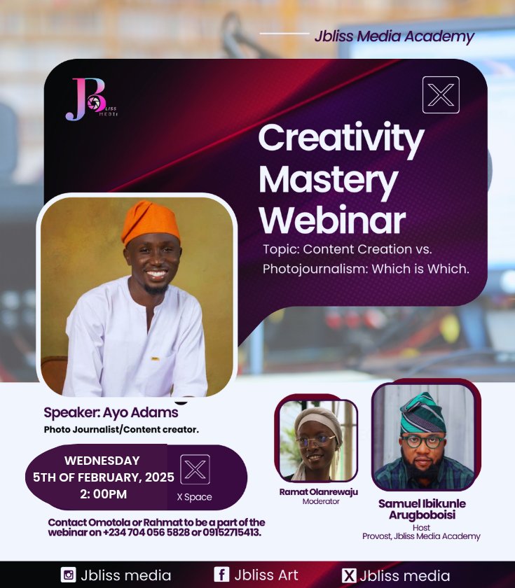 TheladyAshabi's tweet photo. Join us by 1:55 pm today as we dissect the nitty gritty of photojournalism and content creation! Bookmark the link to get connected once it's time .
Cc: @Arugboboisi_Sam
@arojinle1
@idrisanimasaun_
https://t.co/oltHWbk5ct https://t.co/DLa2Nz2c4W