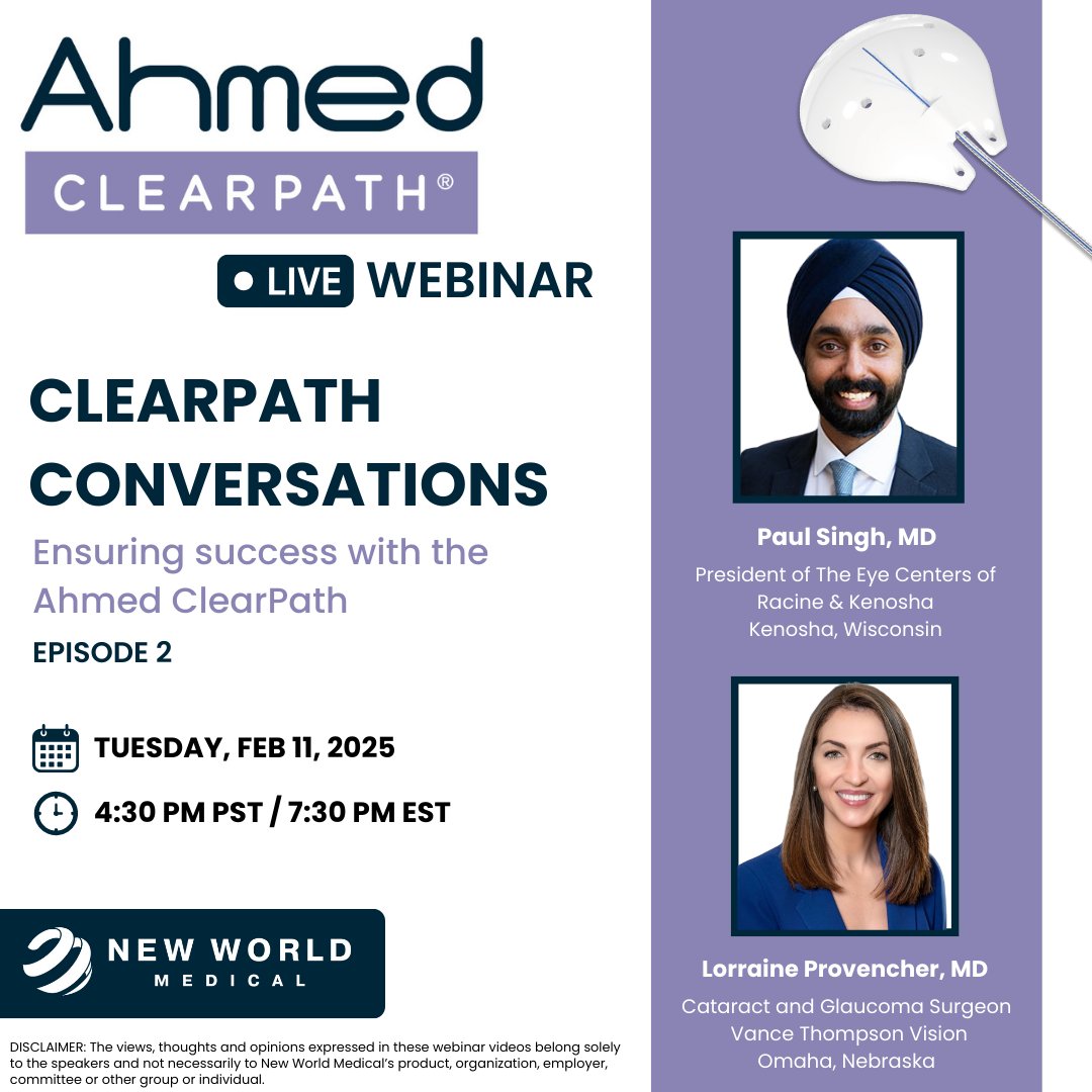 Don't miss out for our ClearPath Conversations Series featuring 2 experts, <a href="/Dr/">Dan Rowden</a>. Paul Singh &amp; <a href="/Dr/">Dan Rowden</a>. Lorraine Provencher!
Join us:
Tuesday, February 11th <a href="/4/">w</a>:30 PST
 bit.ly/40BSAqX
 #AhmedClearPath #Glaucoma #NewWorldMedical #Ophthalmology #Tubeshunt