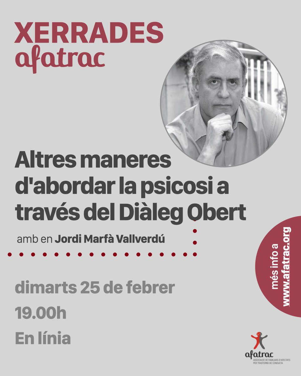 🗣️ #XERRADESAFATRAC - Altres maneres d'abordar la psicosi a través del #DiàlegObert

👉Amb en Jordi Marfà Vallverdú.

📅 Dimarts 25 de febrer
🕑 19.00h
🌐 En línia

🔗 INSCRIPCIONS AQUÍ: forms.gle/y9F7dchpogSRKF…