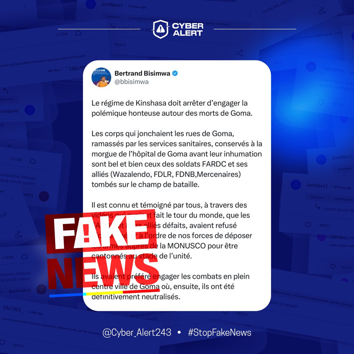 Cyber_Alert243's tweet photo. Manipulation de l’information et de l'opinion.
Bertrand Bisimwa se présente comme l'un des chefs des rebelles appuyés par le Rwanda, semant la désolation par le biais de pillages et d'assassinats dans la ville de Goma.
#StopFakeNews
#FreeCongo
#CyberAlert243 https://t.co/LfIHoujN4S