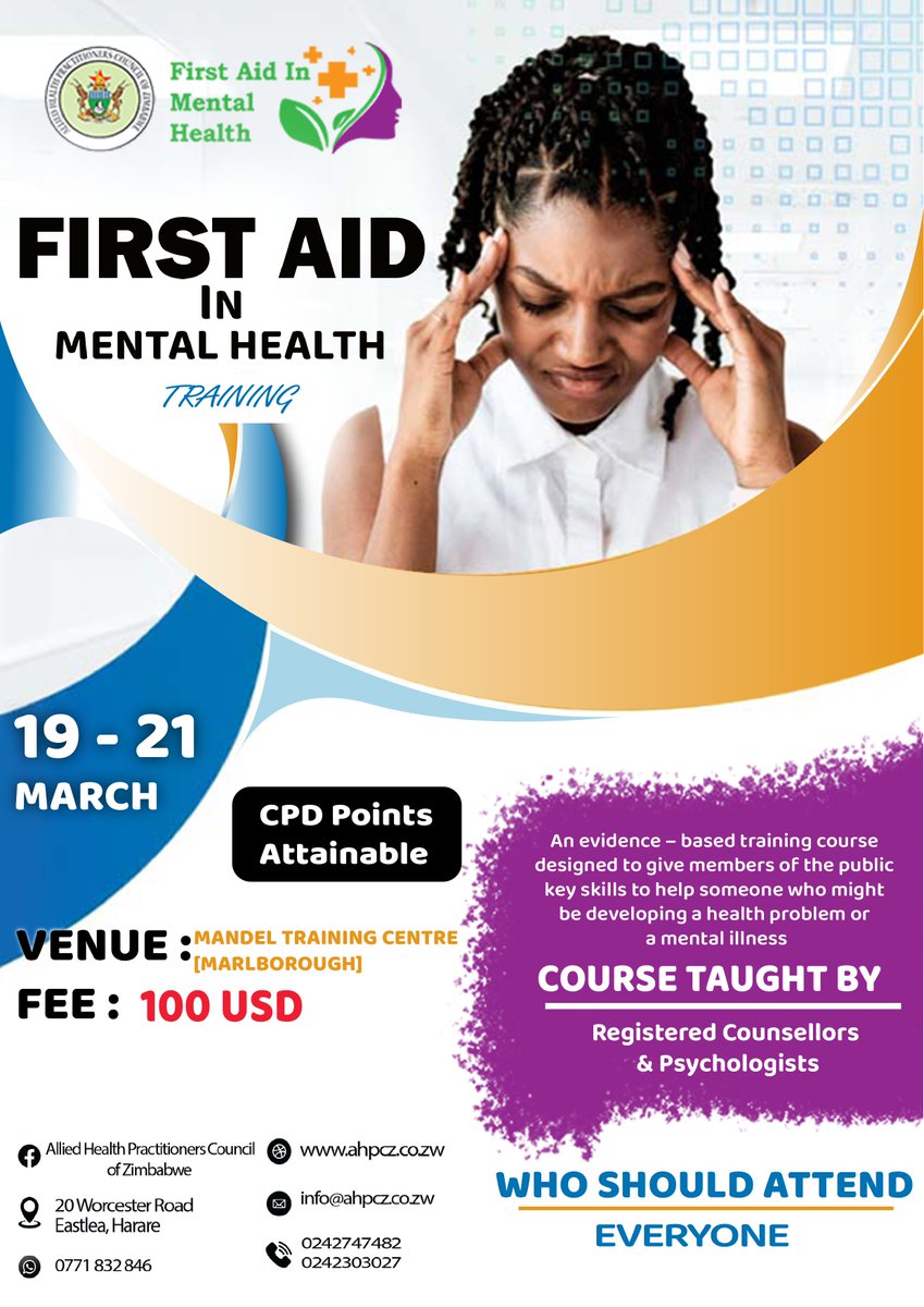 The First Aid in Mental Health training  by AHPCZ is for all  to Recognize the potential risk factors and  warning signs for a range of mental health problems common in #Zimbabwe including #depression  , #anxiety,  #psychosis &amp;  #substanceusedisorder, #suicide, &amp; self-injury.