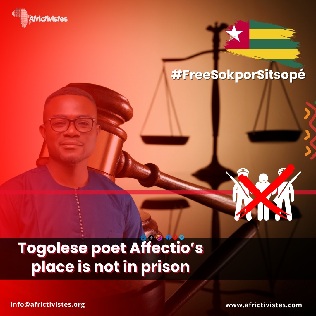 AFRICTIVISTES's tweet photo. 📢 #Togo🇹🇬 - Depuis le 14 janvier, Sokpor Sitsopé Honoré, alias Affectio, est incarcéré à la prison civile de Lomé. #AfricTivistes demande la libération de ce poète✍️qui n’a pas sa place en prison.

Nous nous associons à toutes les voix qui ont exprimé leurs inquiétudes face à la détention de ce défenseur des droits de l’Homme et restons solidaire du peuple togolais et de ses aspirations à une gouvernance démocratique.

🗞️| Notre déclaration👇
https://t.co/pzfA22hQhM

……………………………………………………………………………………………

📢#Togo 🇹🇬 - Since 14 January, Free Sokpor Sitsopé Honoré, alias Affectio has been incarcerated at Lomé Civil Prison. #AfricTivistes calls for the release of this poet who does not belong in prison.

We stand with all the voices that have expressed their concerns regarding the detention of this human rights defender and remain in solidarity with the Togolese people and their aspirations for democratic governance.

🗞️|Our statement👇
https://t.co/3yjOCKbaJ0

#FreeSokporSitsopé