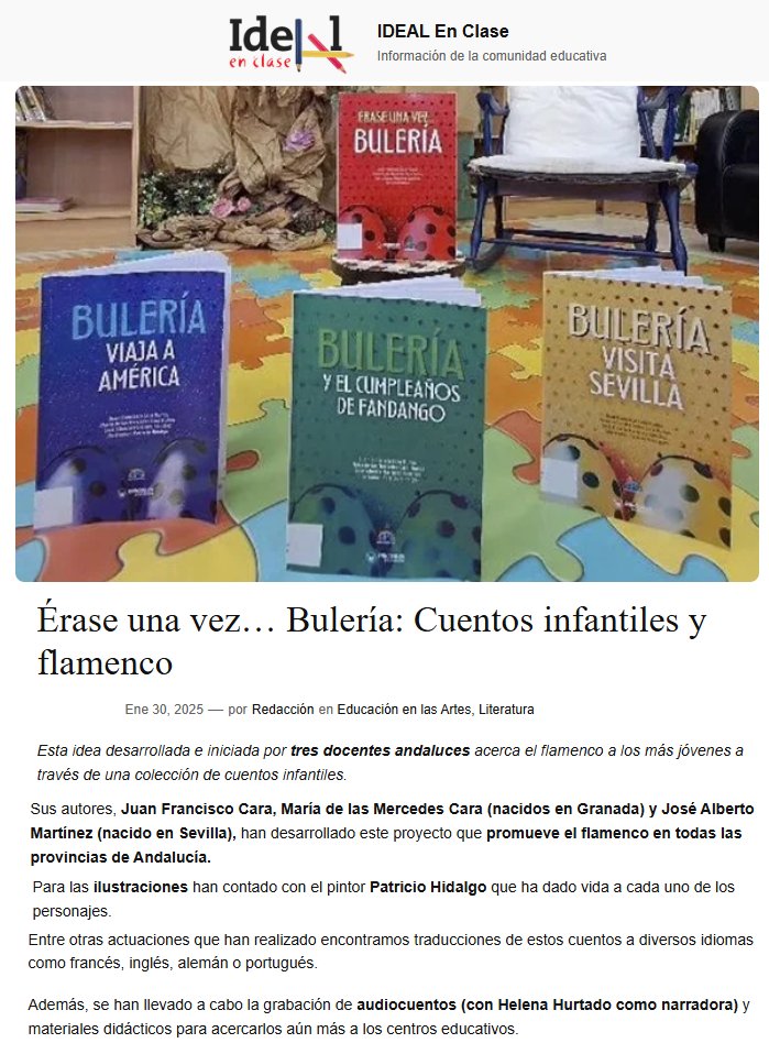 📕📘 Noticia publicada en Ideal En Clase sobre nuestra colección de cuentos "Érase una vez... Bulería" 📗📙

#FlamencoenelAula
#EducacionyFlamenco