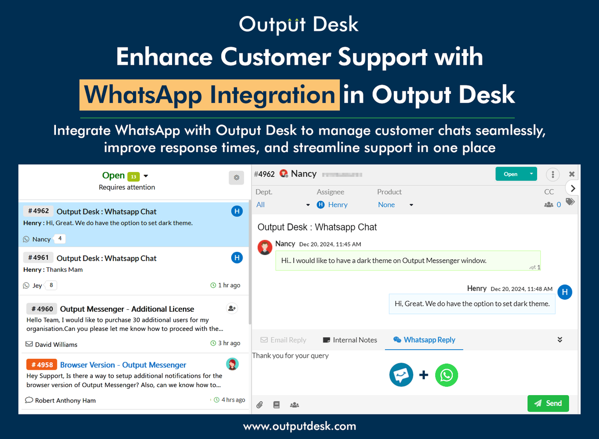 outputdesk's tweet photo. Streamline communication, improve response times, and boost customer satisfaction with Output Desk’s easy WhatsApp integration. Manage all queries in one place, securely and efficiently!

Know More Details: https://t.co/NYHwAa9Raj https://t.co/SnpnYEK2Nm
