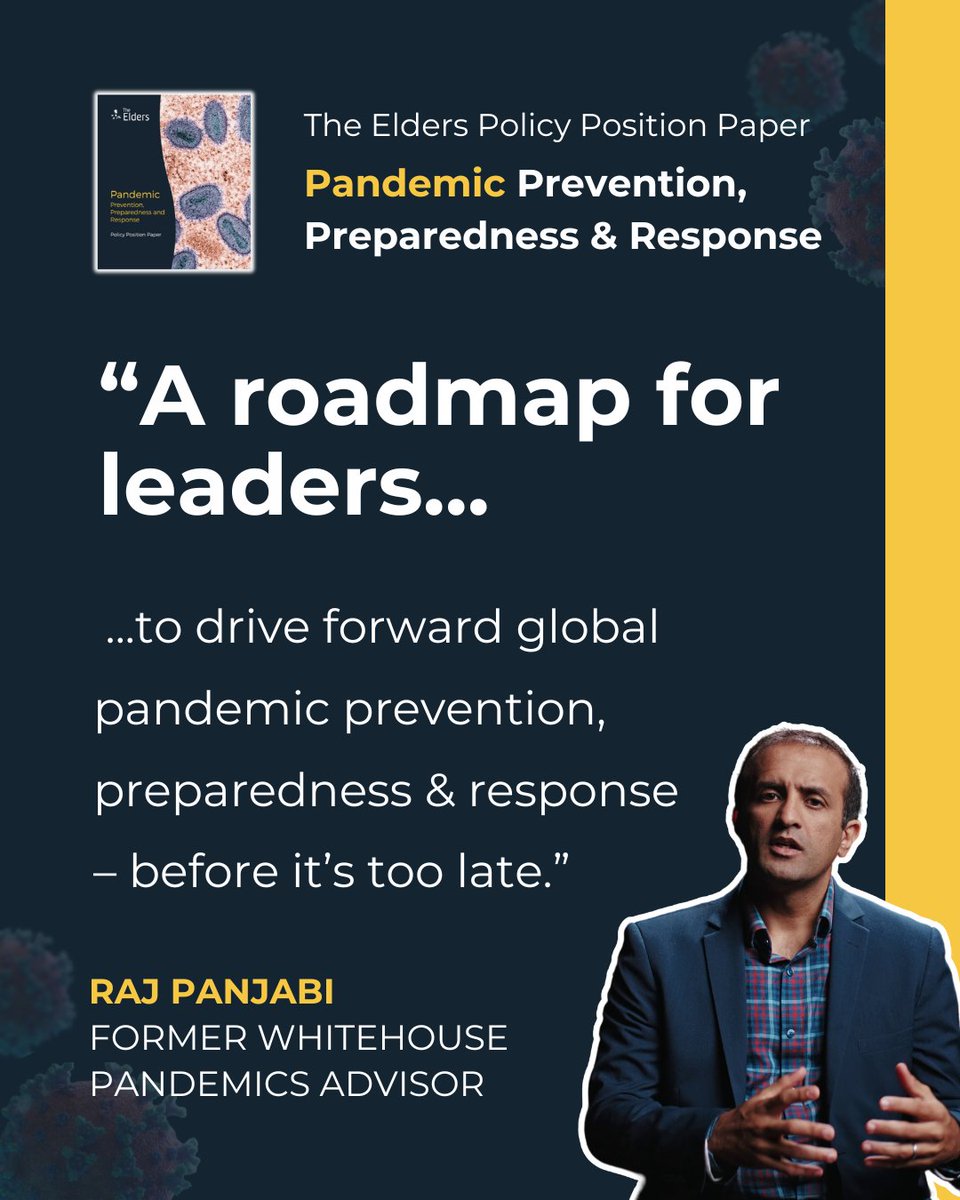 The Elders (@theelders) on Twitter photo Pandemic threats are inevitable - but catastrophe is not.
<a href="/rajpanjabi/">Raj Panjabi M.D.</a> warns that without bold action, the world will remain unprepared for the next crisis. The Elders’ new policy position paper outlines the urgent steps leaders must take to prevent disaster.
Read more: Pandemic threats are inevitable - but catastrophe is not.
<a href="/rajpanjabi/">Raj Panjabi M.D.</a> warns that without bold action, the world will remain unprepared for the next crisis. The Elders’ new policy position paper outlines the urgent steps leaders must take to prevent disaster.
Read more: