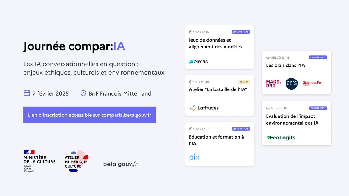 Vendredi 7 février 2025, de 9h30 à 17h30, ne manquez pas la Journée compar:IA au Grand auditorium de la BnF François-Mitterrand. 

Participez à une journée riche en retours d’expérience, ateliers interactifs et défis autour des enjeux stratégiques de l'IA :

🔍 Exploiter les jeux