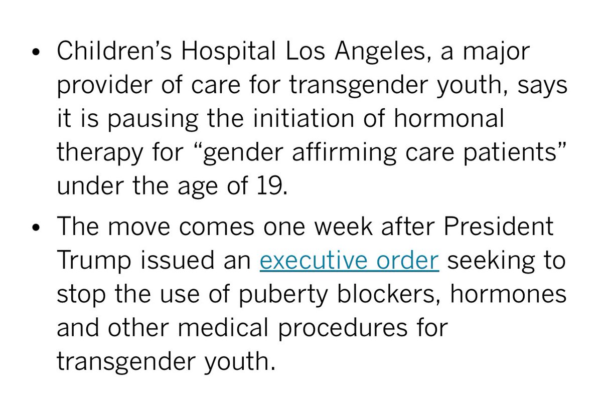 BREAKING: Children’s Hospital LA, home to the largest U.S. pediatric gender clinic, halts new hormone treatments for minors.

A win for science, but EOs can be reversed. We need legislation for a permanent ban.

Thank you, <a href="/realDonaldTrump/">Donald J. Trump</a>—now it’s time for lawmakers to act!