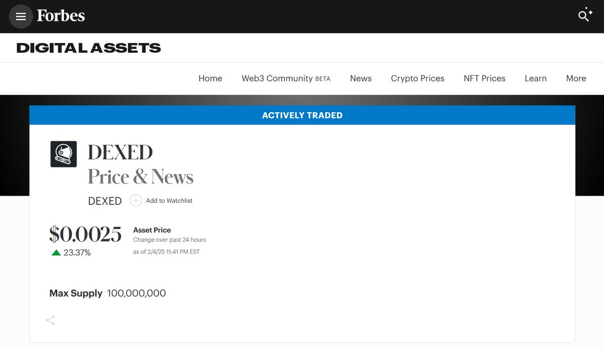 $DEXED, the utility token of dexed.com, offers holders 20% revenue sharing from the app and is now listed on <a href="/Forbes/">Forbes</a> Digital Assets forbes.com/digital-assets…