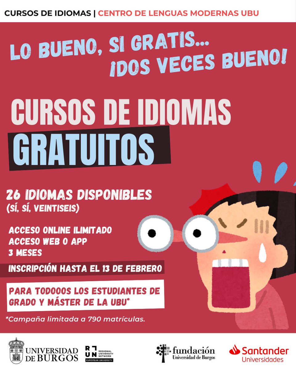 #Cursos_UBU | CURSOS GRATUITOS DE IDIOMAS ONLINE PARA TODOS LOS ALUMNOS DE GRADO Y MÁSTER DE LA UBU🤯

¿Quieres practicar algún idioma o empezarlo desde cero? 🤔

No te lo pienses más..... ¡Aprovecha esta oportunidad! 🙌

► ubu.es/te-interesa/cu…