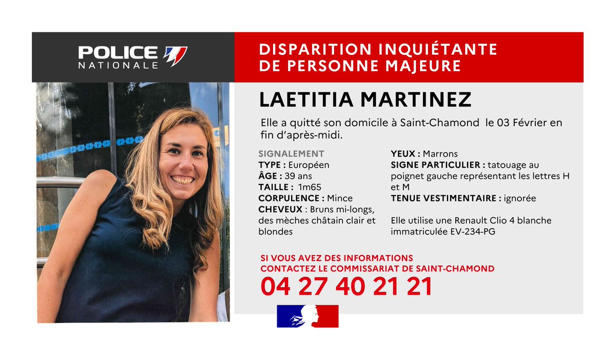 [#AppelàTémoins] dans le cadre de la disparition inquiétante de Lætitia MARTINEZ . 
Merci pour vos🔃