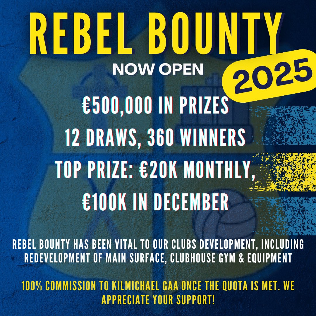 KilmichaelGAA's tweet photo. We have hit our quota so all additional tickets sold will now go back in Kilmichael GAA.
Please support our club by renewing or purchasing a ticket online https://t.co/TKuOroRsWH and selecting KILMICHAEL GAA as your club of choice or by contacting Club Officers. 💛💙 https://t.co/tiixGHKbd9