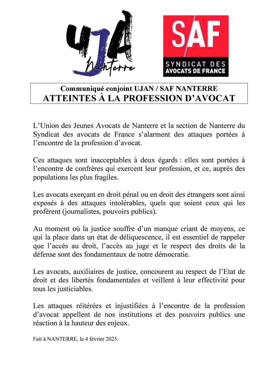 Communiqué conjoint UJAN / <a href="/SafNanterre/">SAF Nanterre</a> relatif aux attaques à l'encontre de la profession d'avocat.
Nous ne pouvons pas rester silencieux.
#UJAN #SAF