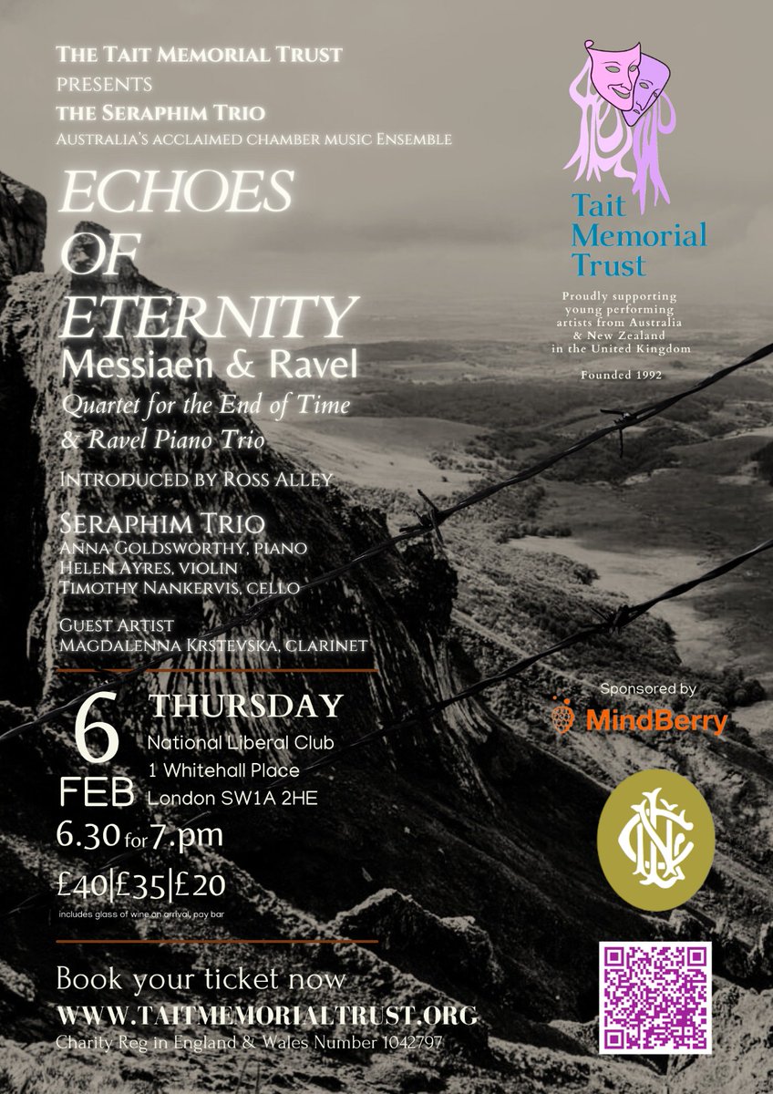 Join us on February 6, 2025, at the National Liberal Club for an extraordinary evening of music. This concert will feature the Seraphim Trio (Anna Goldsworthy, Helen Ayres, and Timothy Nankervis), joined by guest artist Magdalenna Krstevska on clarinet.

 eepurl.com/i8_rzM