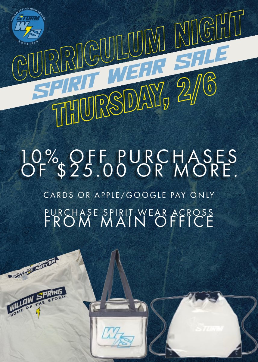 Willow Spring Storm Boosters (@wsstormboosters) on Twitter photo Attending Curriculum Night on 2/6? We’ll be open at 6:15pm.
Make sure to stop by our spirit wear booth to take advantage of a special promotion.
🏷️10% OFF PURCHASES OF $25.00 OR MORE.
Credit Card / Apple or Google Pay Only.
<a href="/WS_Storm_Sports/">Willow Spring Storm</a>
<a href="/WillowSpringHS/">Willow Spring High School</a> Attending Curriculum Night on 2/6? We’ll be open at 6:15pm.
Make sure to stop by our spirit wear booth to take advantage of a special promotion.
🏷️10% OFF PURCHASES OF $25.00 OR MORE.
Credit Card / Apple or Google Pay Only.
<a href="/WS_Storm_Sports/">Willow Spring Storm</a>
<a href="/WillowSpringHS/">Willow Spring High School</a>