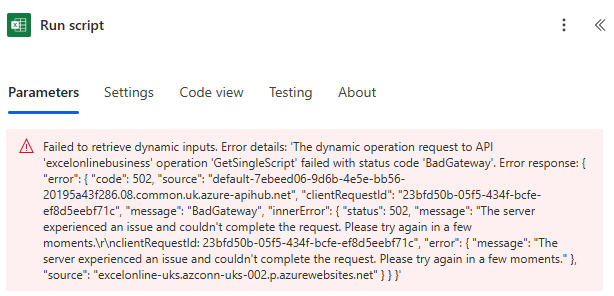 NathanClarke106's tweet photo. @MSFT365Status There is an issue with Power Automate accessing office scripts to run. It's giving a BadGateway error 502. Is this being investigated? https://t.co/25lRJ9fBjN
