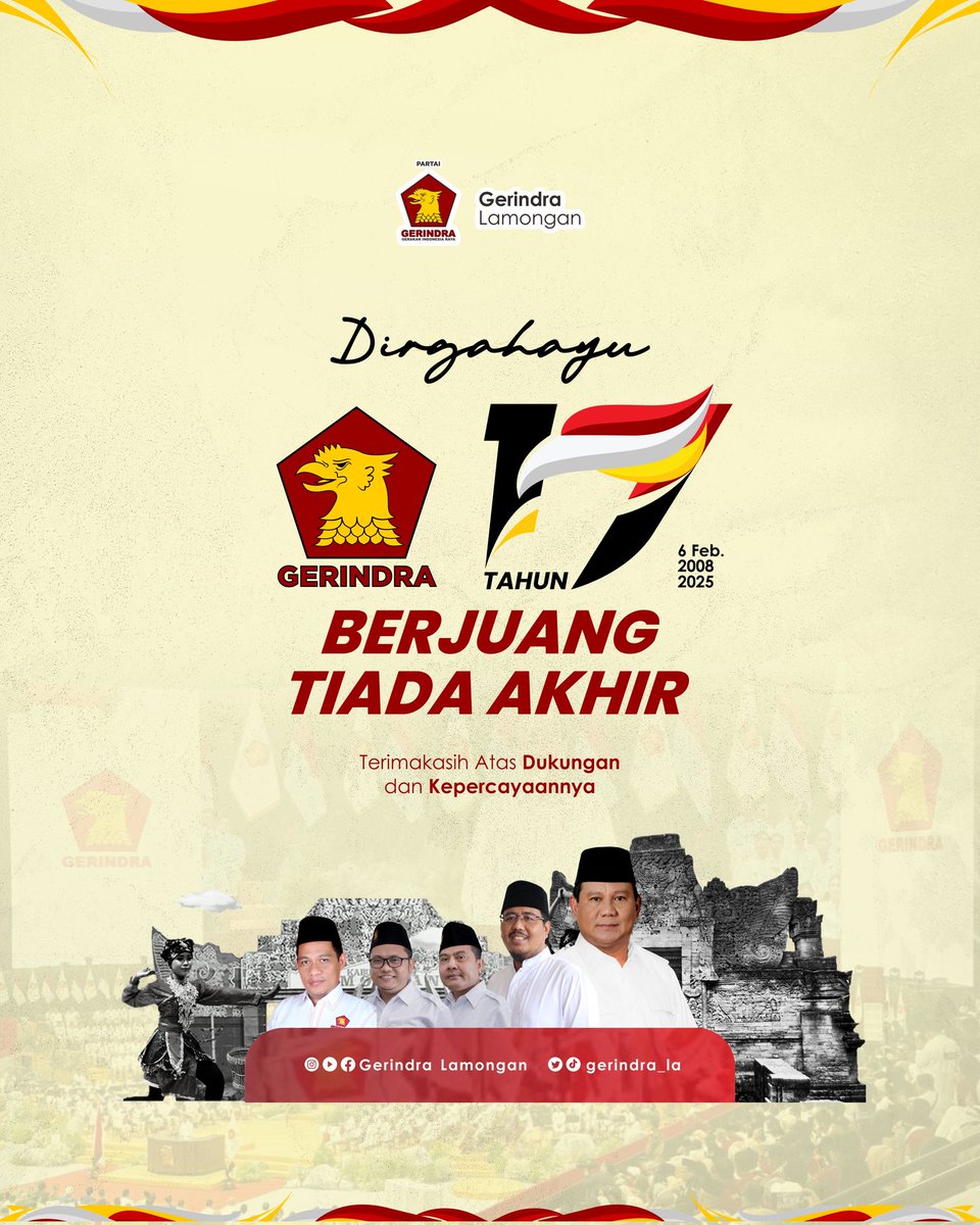 gerindra_la's tweet photo. Dirgahayu
Partai Gerakan Indonesia Raya ke 17 Th
@Gerindra
@gerindra_jatim
@Fraksi_Gerindra

Berjuang Tiada Akhir

6 Februari 2008-2025

#gerindra #prabowo #gerindramenang #prabowopresiden #gerindralamongan #politisisantri  #hutgerindra17 #hutgerindra https://t.co/j4YM8EA1iG