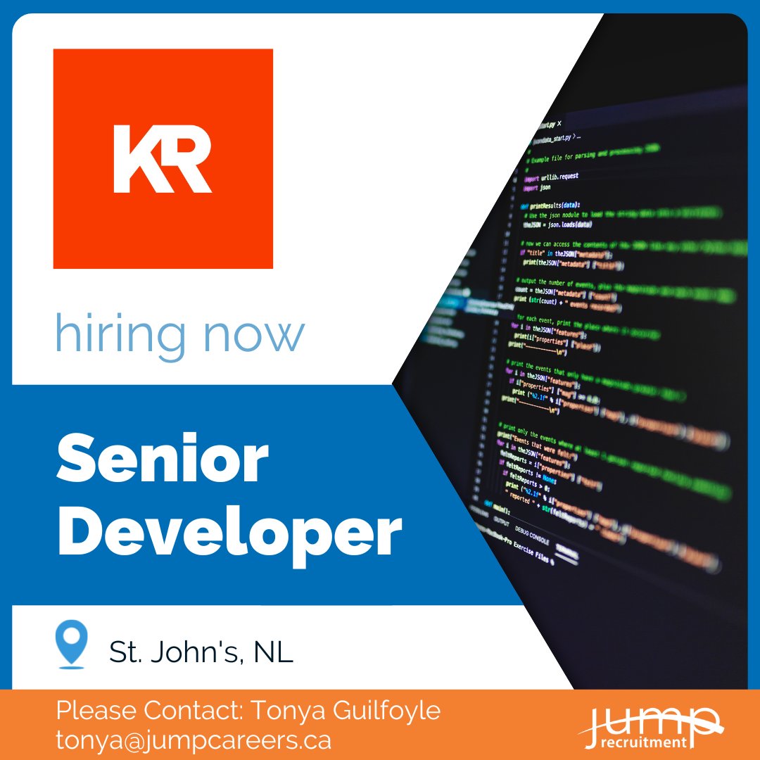 Jump_Careers's tweet photo. Our client, Kerby-Reid, is seeking a Senior Developer to join it's team in St. John's. If you are a software developer with proven leadership skills and experience with the tech stack used, then apply today!  https://t.co/E6DE3BZ38K https://t.co/089O52MjVO