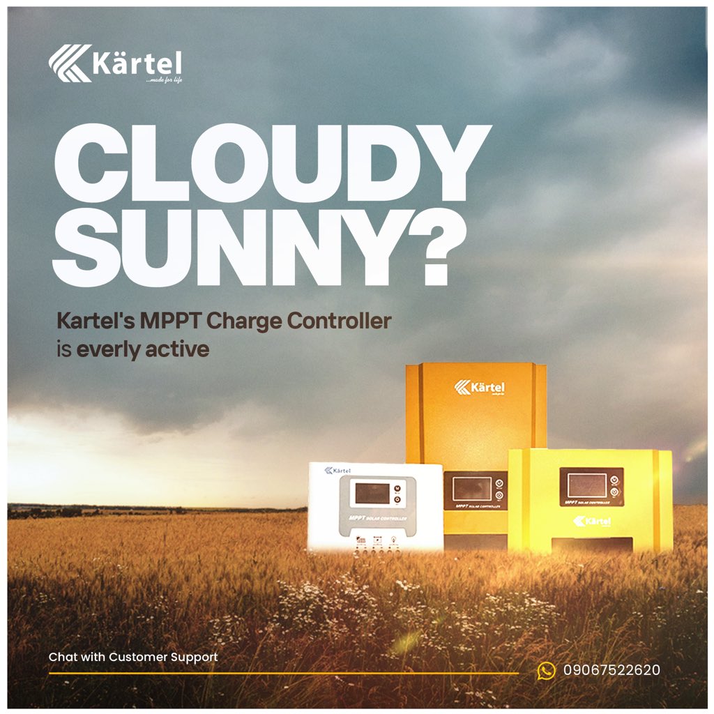 kartel_world's tweet image. Cloudy and Rainy days are no longer a hassle.

Rest assured that our MPPT Charge Controller regulates your power ensuring the maximum efficiency of your batteries while supplying your household with much needed power even on off peak days.

#Kartel
#MPPTChargeController