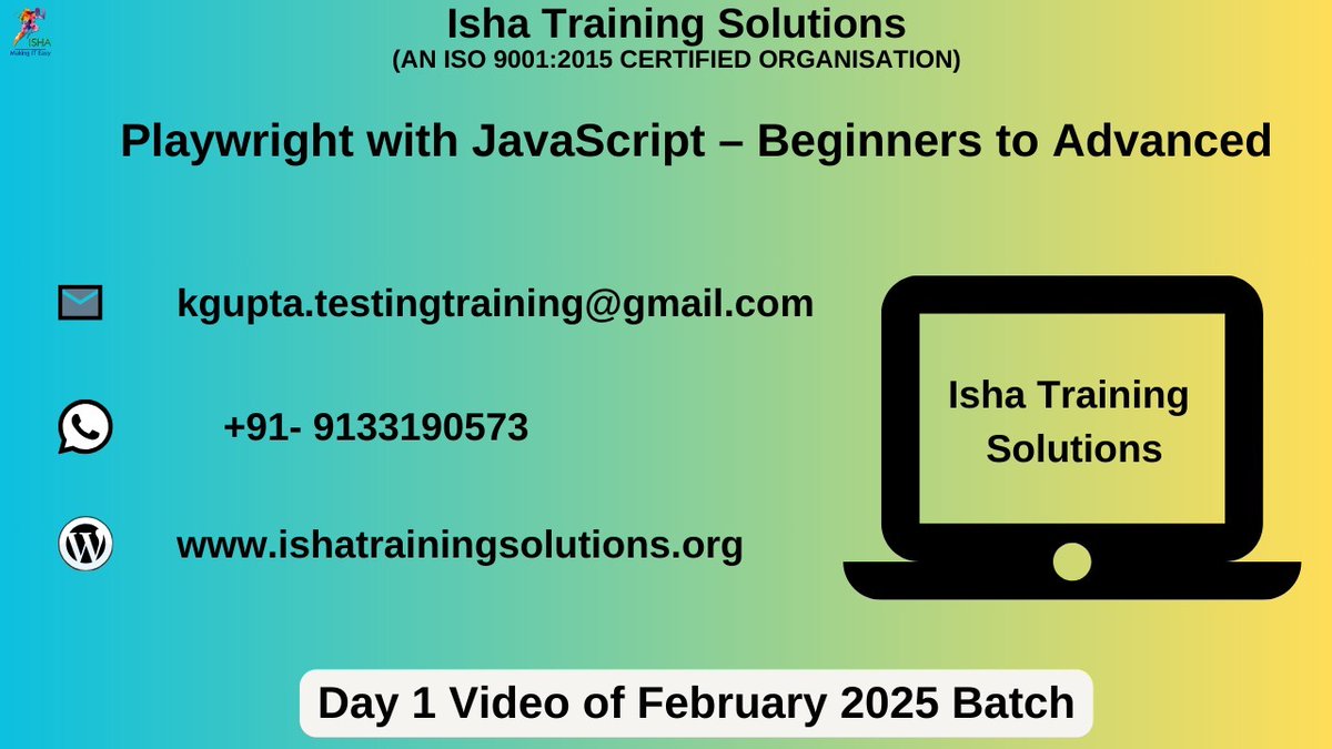 IshaKumargupta's tweet image. Playwright with JavaScript-Live Training –Day 1 session Video.
youtu.be/Ua6CVJq2G0M
Enrolments are still in progress
5th Feb@9PM(IST)/5th Feb@10:30AM(EST)
The course Price:6,900 INR/99USD
call/WhatsApp@+91-9133190573/8977922427
#PlaywrightJS #PlaywrightTesting