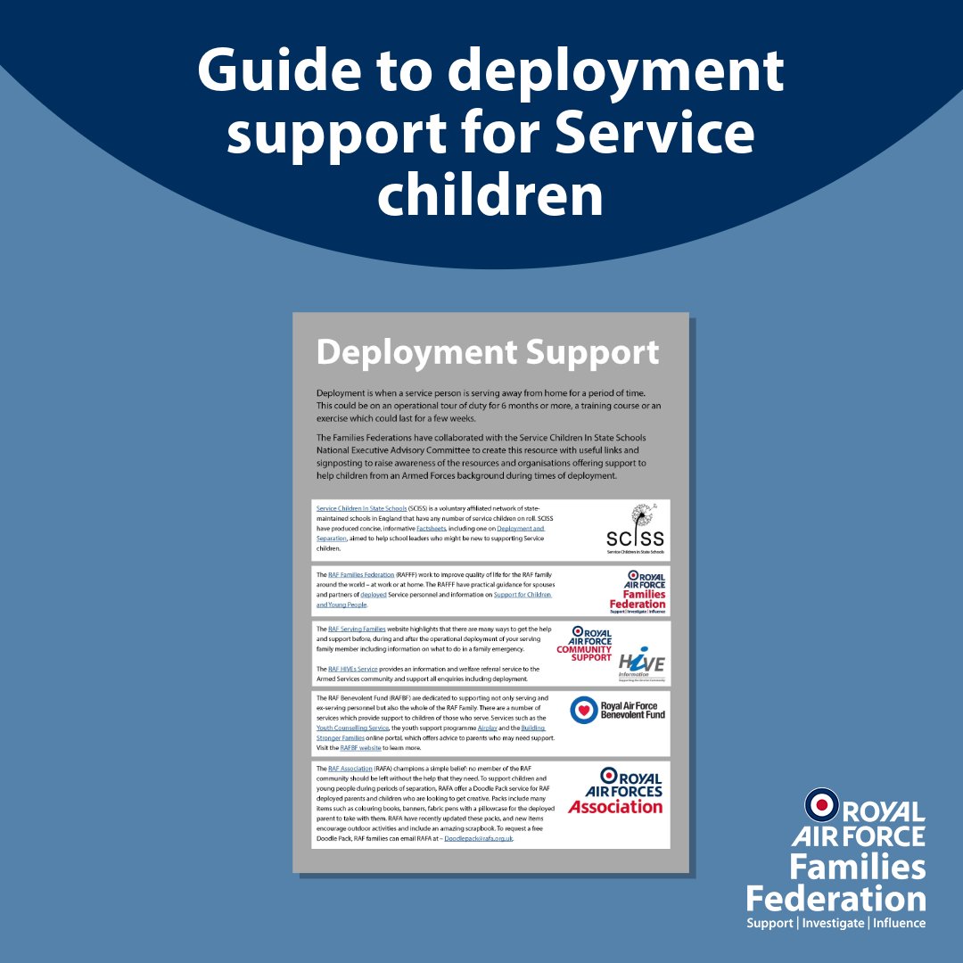 A reminder of our Deployment Support Guide 

Organisations and resources to help #MilitaryChildren during times of deployment - including organisations that support emotional wellbeing and mental health.

Download it here 👉 bit.ly/3WtCDlr
#ChildrensMentalHealthWeek