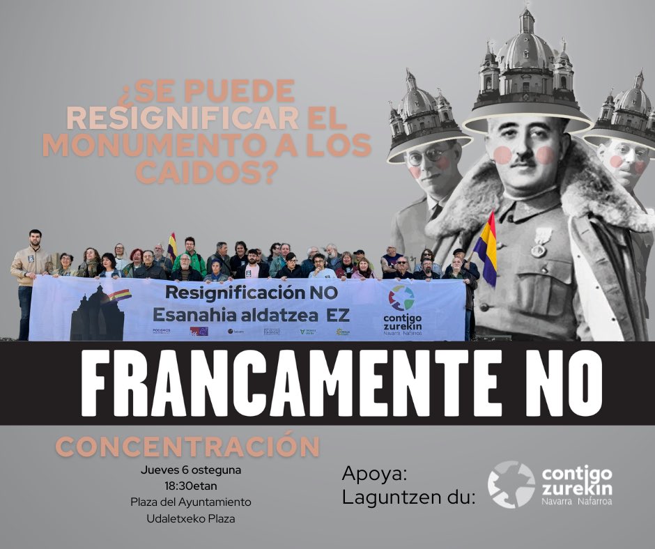 ContigoZurekin's tweet photo. Nos sumamos a la concentración que convocan mañana las Asociaciones de Víctimas y de Memoria Histórica.

🗓️ 6 de febrero 
🕡 18:30h
📍 Plaza del Ayuntamiento 

Faxismoaren esanahia ezin da aldatu.

#CaídosDemolición #DerriboYa #Justicia #Reparación https://t.co/y2oVSR7Apl