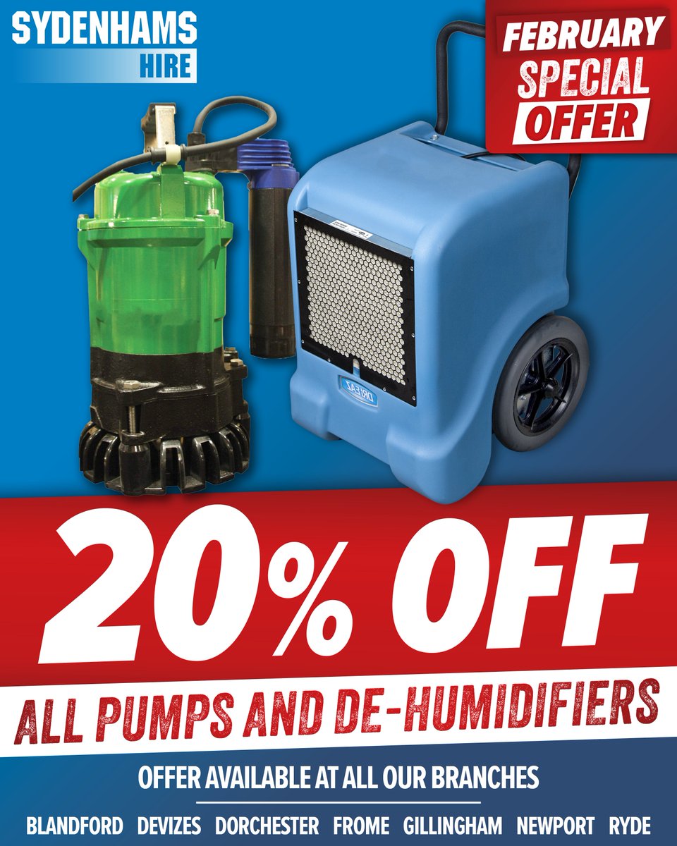 🚨 Sydenhams #Hire #FebruarySpecial! 🚨

Got a soggy site? This month, we’re giving you 20% off all #Pumps &amp; #DeHumidifiers! ♨️

Available all month at all our branches! #HireYourWay to drier days! 💪

📍 Find your nearest branch: sydenhamshire.co.uk/branches

#ToolHire #BuildersLife
