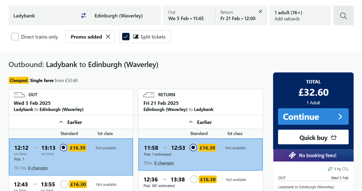 MJCFife's tweet photo. @ScotRail I have tried over and over again on the website. It doesn't allow Open Returns from Ladybank so it wants £32 for the return rather than the £17 promised by the promotion https://t.co/jRRqefe07g