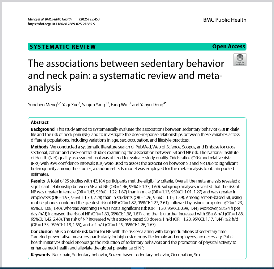 PhysioMeScience's tweet photo. The associations between sedentary behavior
and neck pain: a systematic review and meta-
analysis

https://t.co/CBcjjzwXmf https://t.co/ywitYQyqdt