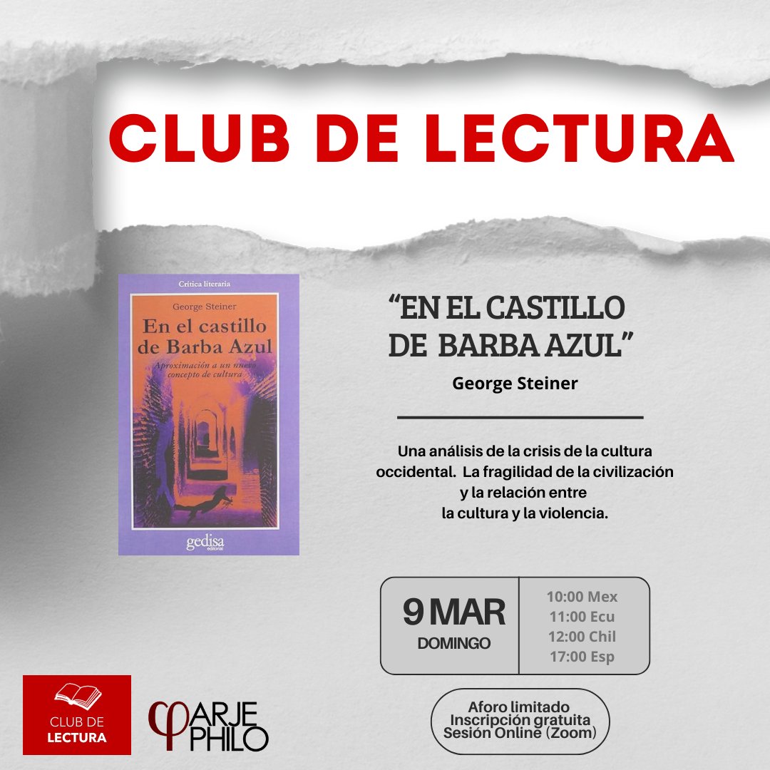 arjephilo's tweet photo. Club de lectura:
"En el castillo de Barbazul" de George Steiner

¿Por qué la cultura no nos ha salvado de la barbarie?

Inscripción necesaria:
https://t.co/afutypyqD6

Facilitan: @mmozunc y @Tolvaner https://t.co/IconhW3Jlb