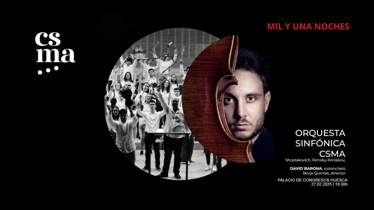 ✍️ El 2️⃣7️⃣ de febrero la 🎻 Orquesta Sinfónica del Conservatorio Superior de Música de Aragón (CSMA) dedicará su concierto a las 🎷 Mil y una noches.

🎟 Hazte ya con tu entrada en taquilla o aquí ⤵️
entradas.palaciocongresoshuesca.es/par-public/res…

<a href="/aytohuesca/">Ayuntamiento de Huesca</a> <a href="/radarhuesca/">radarhuesca</a> 
#huesca #PCHU #musica