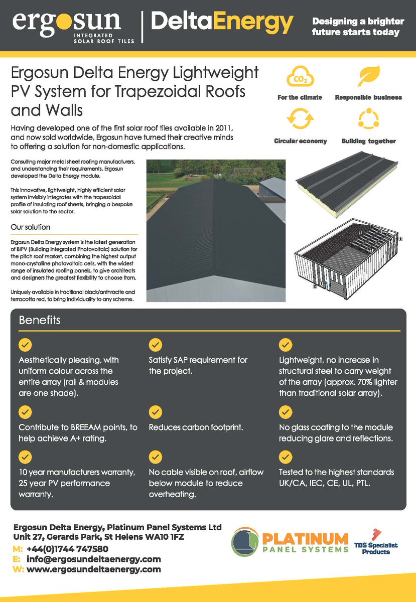 Ergosun Delta Energy - The first and only lightweight system of its kind in the world. 

The only PV tile system designed for trapezoidal sheet roofing and cladding that is FULLY TESTED with not just PIR core insulated panels, but also with Mineral Wool core panels.