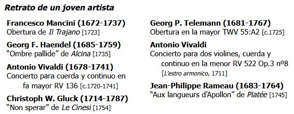 📆Domingo, 9 de febrero
🕒12h
📍Espacio Turina

🎻Joven Orquesta Barroca de Sevilla y solistas de la Orquesta Barroca de Sevilla
Soraya Méncid, soprano
Valentín Sánchez Venzalá, violín y dirección