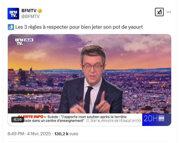 menalahy's tweet photo. @BFMTV Quand s'arrêtera cette #Infantilisation des Français ?
Après le cycle de lavage des vêtements, voilà qu'on nous apprend comment jeter correctement les pots de yaourt.
A quand la leçon sur la bonne façon de se torcher le cul et combien de carrés de PQ utiliser ? https://t.co/ubnHt4m8fw