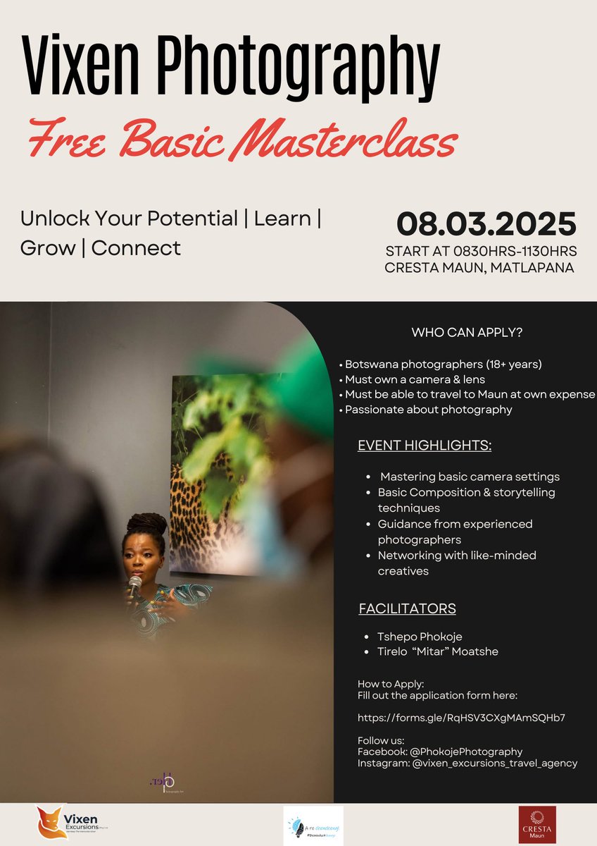 📢 Exciting Announcement! 📢

We are thrilled to welcome Cresta Maun as our official venue sponsor for the Vixen Photography Free Basic Masterclass! 🎉📸

A huge thank you to Cresta Maun for supporting local photographers and providing a space where creativity and learning can