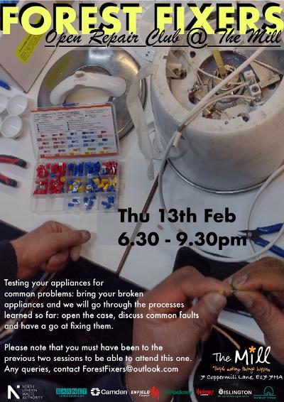 #ForestFixers Open #RepairClub <a href="/TheMillE17/">The Mill E17</a>:
testing your appliances+#fixing common faults
NB!:you must have been to the previous 2  sessions to attend!
<a href="/RestartProject/">The Restart Project</a> <a href="/theteamrepair/">Team Repair</a> <a href="/RecycleFYC/">RecycleFYC</a> <a href="/ReLondon_UK/">ReLondon</a> <a href="/recycle_now/">Recycle Now</a> <a href="/wfcouncil/">Waltham Forest Council</a> <a href="/WFEcho/">Waltham Forest Echo</a> <a href="/Walthamstowtown/">Walthamstow Town</a> <a href="/WalthamStuff/">WalthamStuff</a> 
Pls RT!