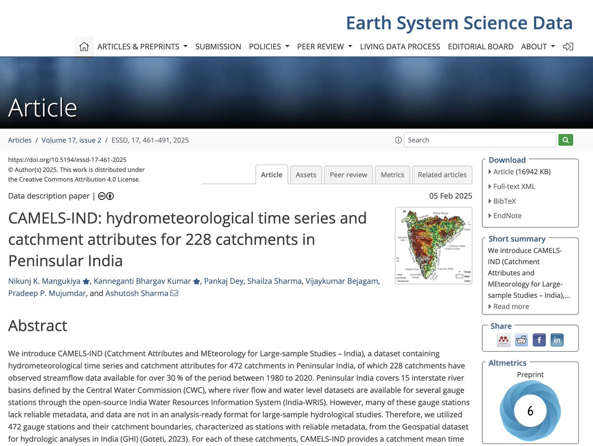 Dr. Ashutosh Sharma (@ashutoshhydro) on Twitter photo Exciting news! Our paper on CAMELS-IND data is finally published!
Key features of the data:
β
Standard CAMELS format
π 472 catchments covered
βοΈ 19 hydrometeorological variables
π 211 catchment attributes
π 40+ years (1980-2020)
π₯ 3,000+ downloads
essd.copernicus.org/articles/17/46β¦ Exciting news! Our paper on CAMELS-IND data is finally published!
Key features of the data:
β
Standard CAMELS format
π 472 catchments covered
βοΈ 19 hydrometeorological variables
π 211 catchment attributes
π 40+ years (1980-2020)
π₯ 3,000+ downloads
essd.copernicus.org/articles/17/46β¦