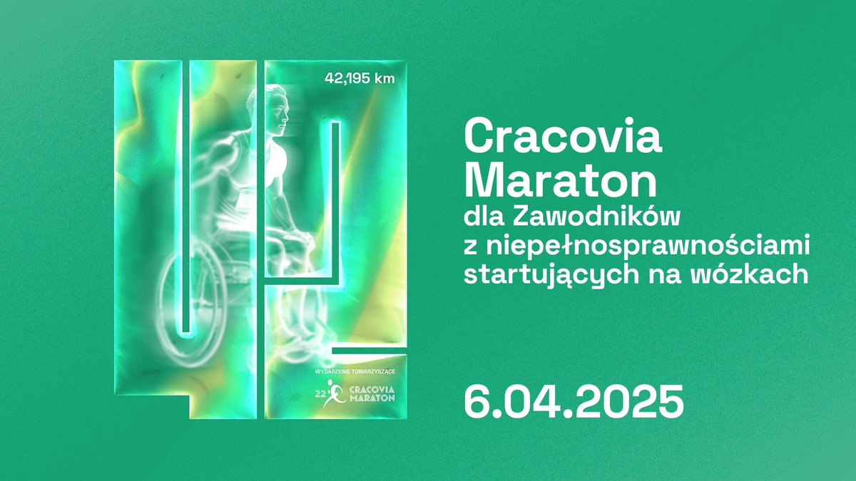 📣 Rozpoczęło się przyjmowanie zgłoszeń do 22. Cracovia Maratonu dla Zawodników startujących na wózkach.

Zapraszamy pełnoletnich sportowców ścigających się na wózkach typu: handbike, rim push i active wheelchair. 
Zapisy:  tiny.pl/4qkd056v
Info:  tiny.pl/12pq5pvx