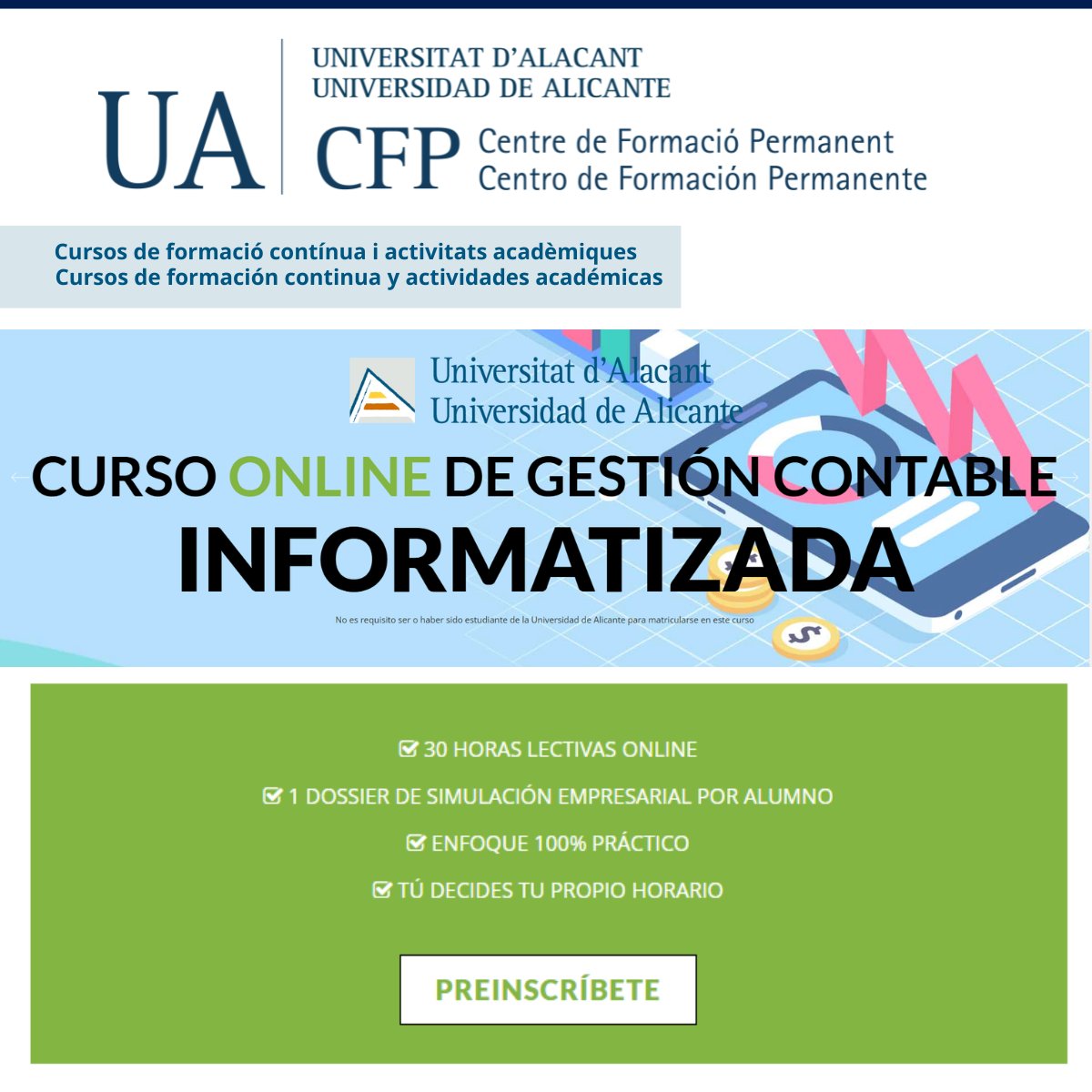📊 Curs Online: Gestió Comptable Informatitzada 💻
Connecta la teoria comptable amb la pràctica empresarial mitjançant eines digitals avançades. Aprén a automatitzar tasques, optimitzar la gestió i assumir una comptabilitat real amb precisió i eficiència.

📅 Dates: Del 21 de