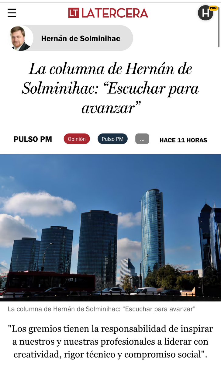 hdesolminihac's tweet photo. Comparto columna de hoy en @Pulso_LT  “Escuchar para avanzar”
En la actual coyuntura económica y de seguridad que enfrenta Chile, los gremios tienen mucho que decir, tanto en el desarrollo del país como en seguridad y otras medidas
Link @latercera 
https://t.co/vADfli9pIL… https://t.co/NsCapHVNui