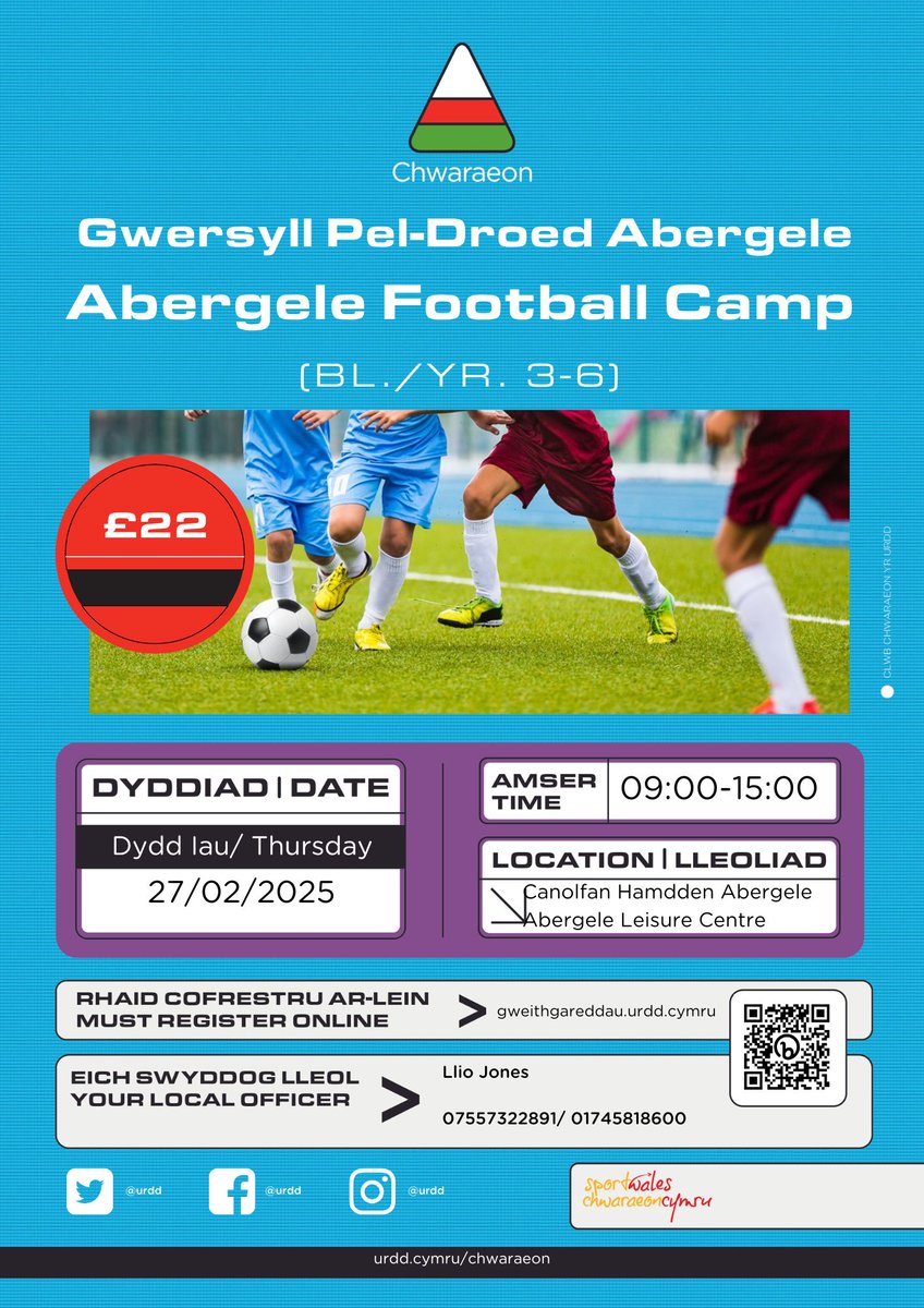 Urdd Conwy (@urddconwy) on Twitter photo 📣COFRESTRU YN CAU 20/02/25 📣
Gwersyll Pel Droed Abergele 27/02
Canolfan Hamdden Abergele
9:00 - 15:00
£22
Linc Cofrestru - gweithgareddau.urdd.cymru/eventgroup/e1f……
Cysylltwch a Llio Lliojones@urdd.org 📣COFRESTRU YN CAU 20/02/25 📣
Gwersyll Pel Droed Abergele 27/02
Canolfan Hamdden Abergele
9:00 - 15:00
£22
Linc Cofrestru - gweithgareddau.urdd.cymru/eventgroup/e1f……
Cysylltwch a Llio Lliojones@urdd.org