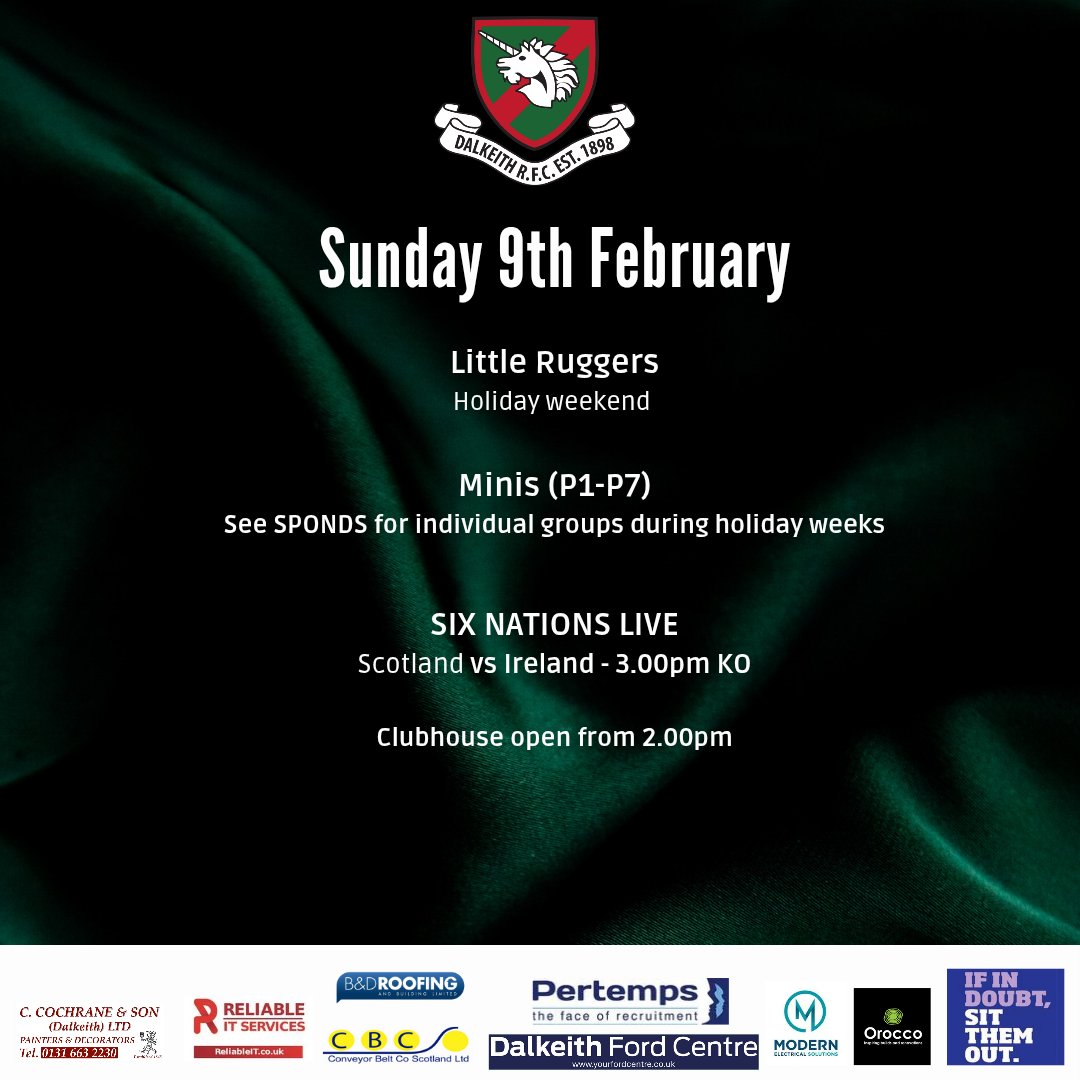 DalkeithRFC's tweet photo. Sun is a holiday week for Little Ruggers & Minis, some age groups MAY run so please check SPONDS / chats.
The clubhouse will be open from 2pm on Sunday for Scotland vs Ireland kicking off at 3pm - all welcome
#dalkeithRFC #scottishrugby #midlothianrugby #oneclub #yourlocalclub https://t.co/TIJlnuUujF