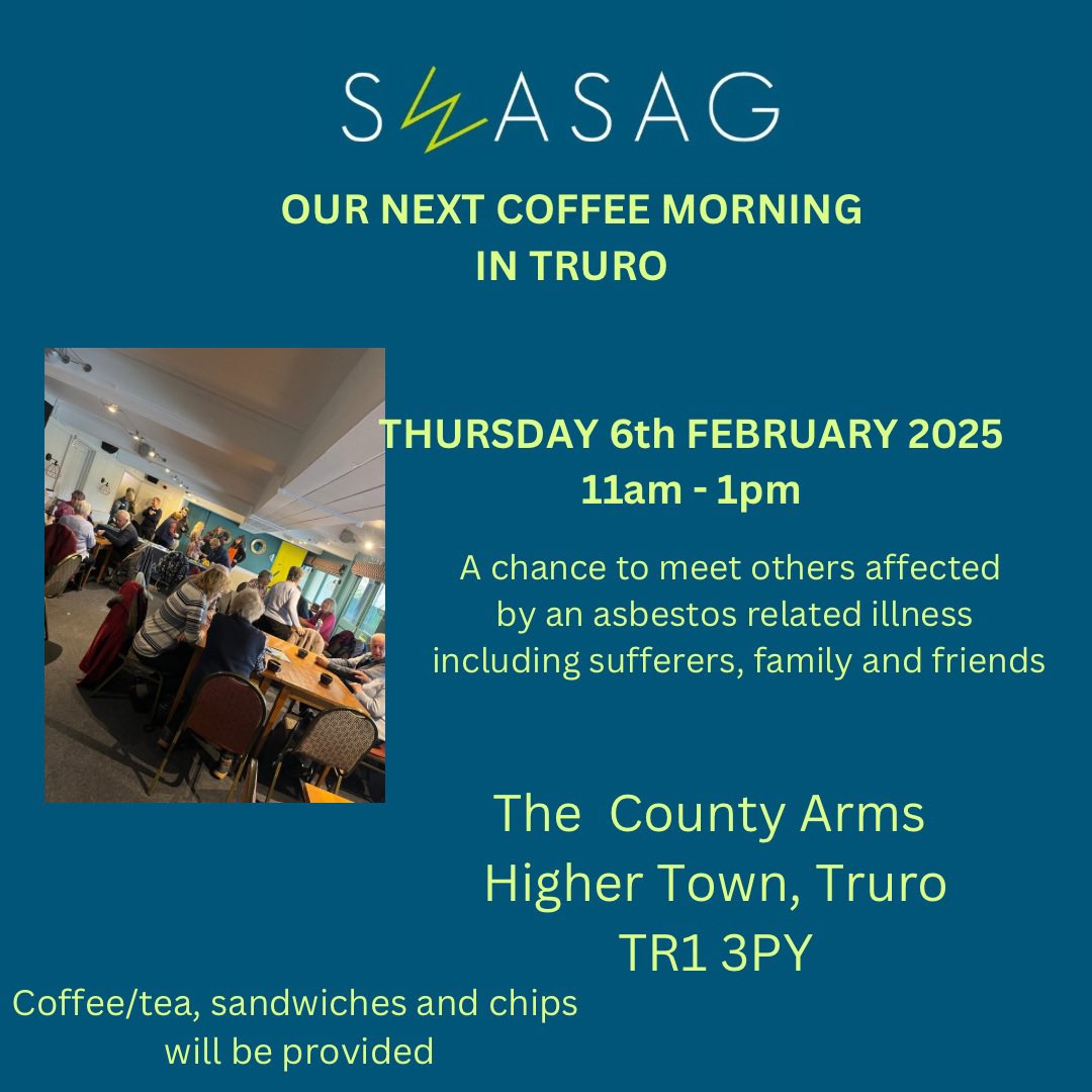 Swasag (@swasag1) on Twitter photo Looking forward to our next coffee morning in Truro tomorrow at The County Arms 11am - 1pm can’t wait to see you there #support #charity #mesothelioma <a href="/Mesouk/">Mesothelioma UK</a> Looking forward to our next coffee morning in Truro tomorrow at The County Arms 11am - 1pm can’t wait to see you there #support #charity #mesothelioma <a href="/Mesouk/">Mesothelioma UK</a>