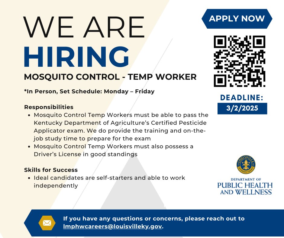 Join our team! 
We are looking for temporary workers for our Mosquito Control program. To apply visit: shorturl.at/MGKMd