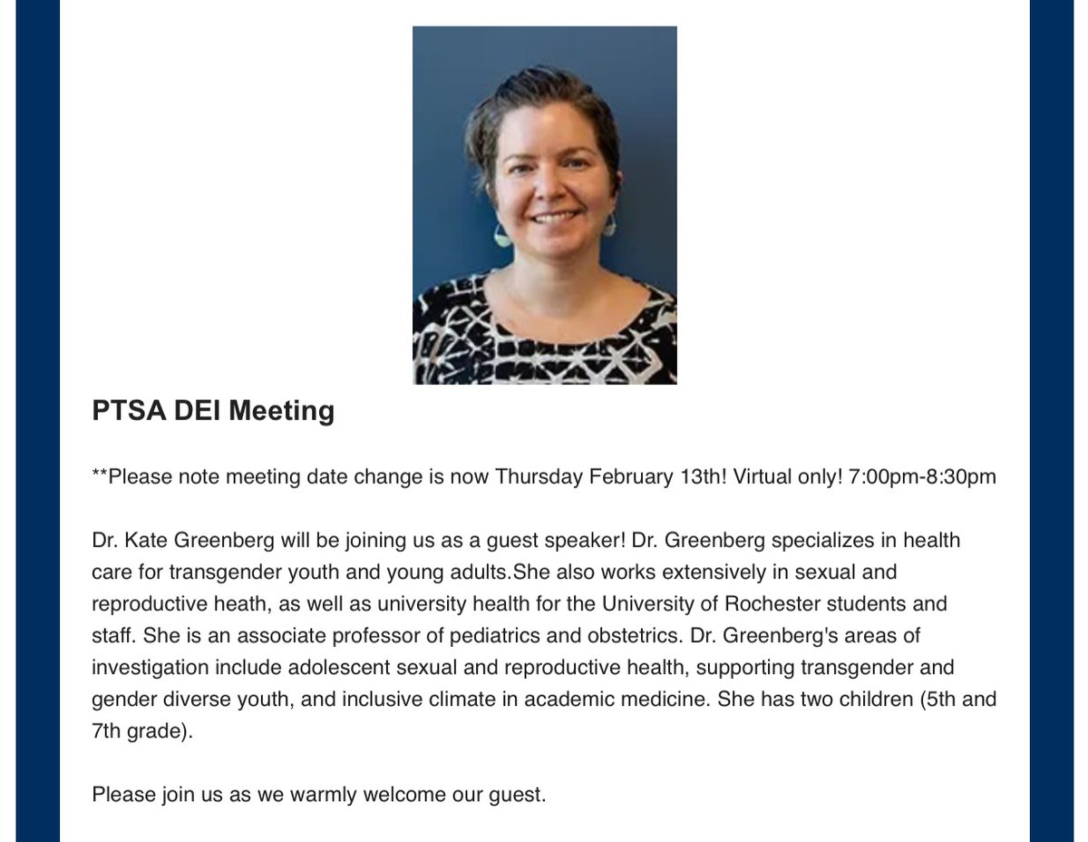 Pittsford <a href="/PCSDSchools/">Pittsford Schools</a> PTSA's DEI meeting is going to be helpful tips for the chemical, surgical and psychological mutilation of your children.