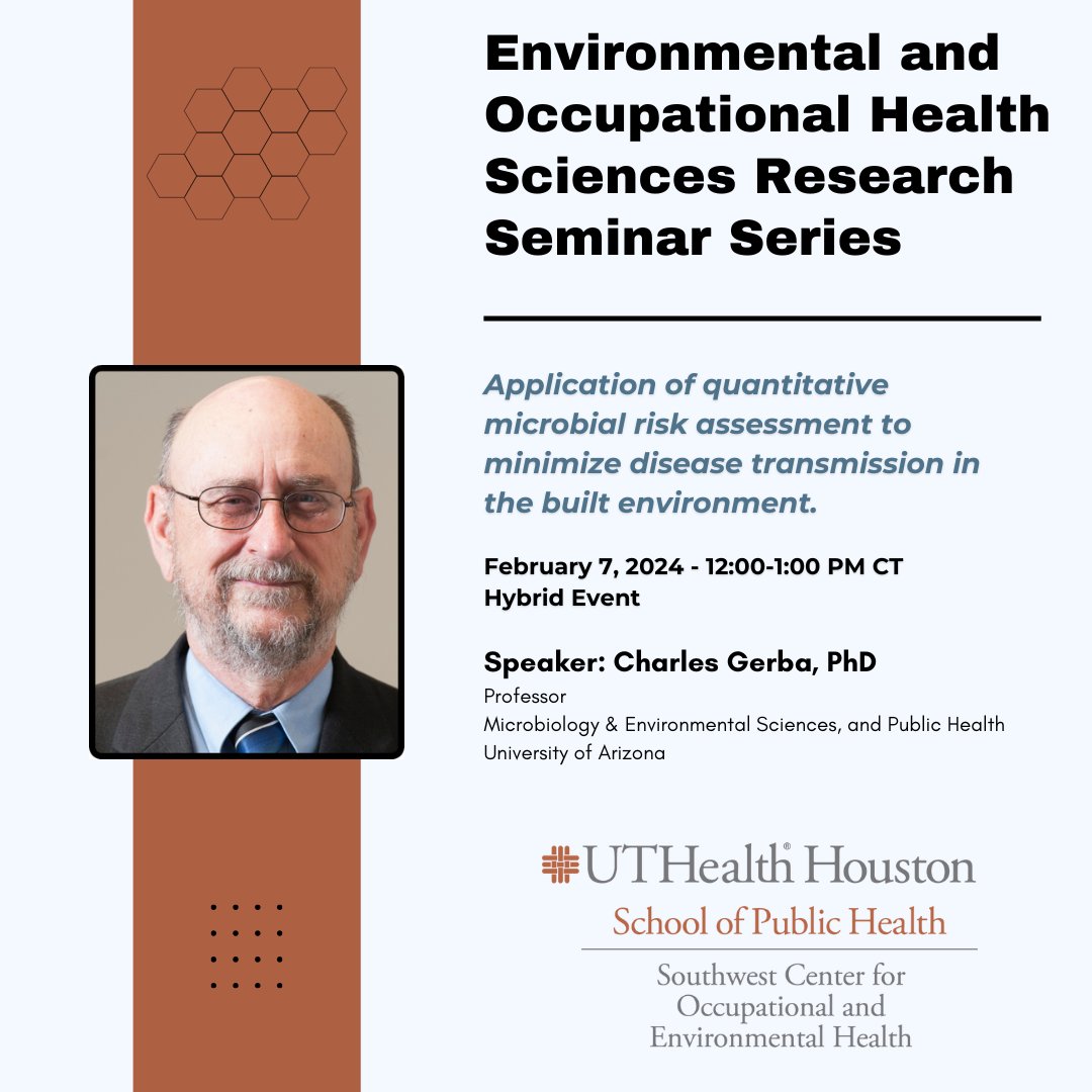SWCOEH's tweet photo. EOHS Research Seminar Series returns Feb. 7 with "Application of quantitative microbial risk assessment to minimize disease transmission in the built environment."

Speaker: Charles Gerba,@UAZPublicHealth

Register 👇 

https://t.co/PZu9epKpUW https://t.co/rWgnDW7YZf