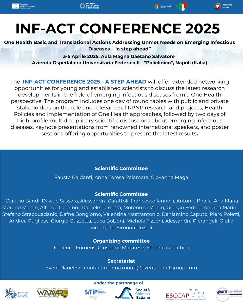 fondaz_inf_act's tweet photo. 📆 𝐒𝐀𝐕𝐄 𝐓𝐇𝐄 𝐃𝐀𝐓𝐄! 📆
INF-ACT CONFERENCE 2025 - A STEP AHEAD
3-5 April 2025 - Naples (Italy)
Join us for the latest research updates in the field of #infectiousdiseases
> https://t.co/M8gD5ZmQwa
with patronage of @SocChimIta #sitip #anie #wavvp #esccap #amcli https://t.co/Cw8XUAMuR8