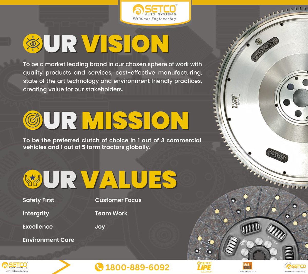 SetcoAutomotive's tweet photo. At Setco, our vision drives us, our mission defines us, and our values unite us - delivering excellence at every turn.

#SetcoAutoSystems #Clutchleaders #Leadersintruckparts #Setcoil #VisionMissionValues #DrivenToExcel https://t.co/OcIe19DvDX