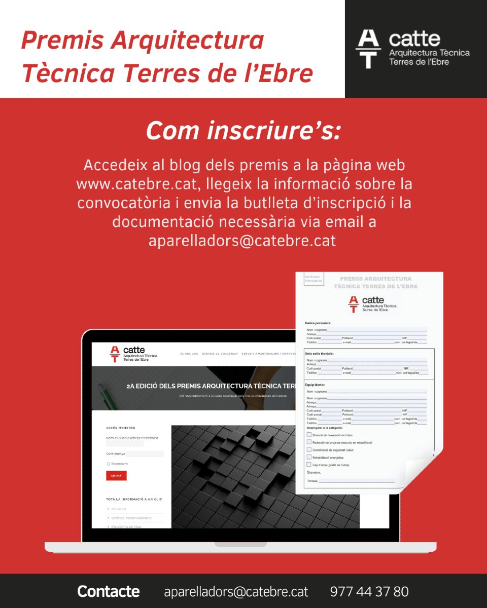 📢 2a Edició dels Premis Arquitectura Tècnica Terres de l’Ebre 🏅🏗️

A la pàgina web teniu més informació sobre la convocatòria i la butlleta d'inscripció ➡️ catebre.cat/2a-edicio-dels…

#CATTE #ArquitecturaTècnica #TerresdelEbre #PremisArquitectura