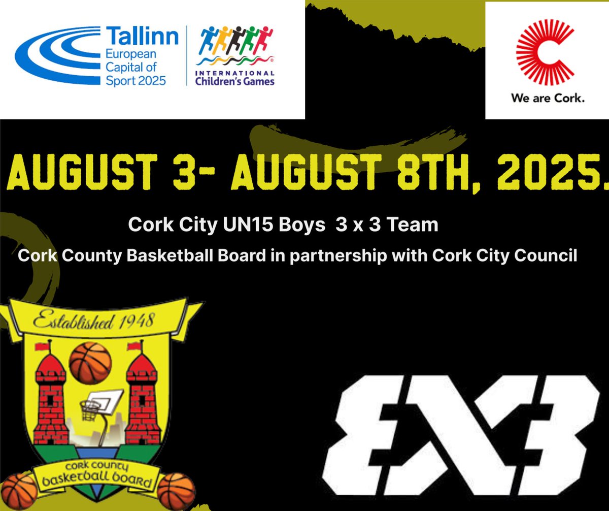 Exciting news. Cork County Basketball Board in association with <a href="/corkcitycouncil/">Cork City Council</a> are sending an UN15 Boys 3x3 team to represent Cork City at the International Children's Games in Talinn Estonia in August 2025. Details of trials will be sent out to Clubs shortly. <a href="/BballIrl/">Basketball Ireland</a>